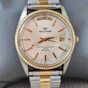 Vintage Waltham Men Watch Day Date Calendar Analog Silver/Gold Wristwatch